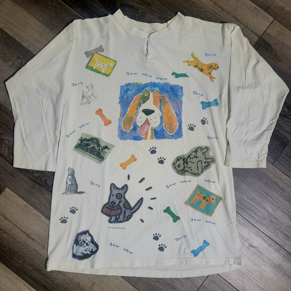 Vintage 1997 Dog Graphic Henley Tee One Size Oversized 90s Novelty Long Sleeve